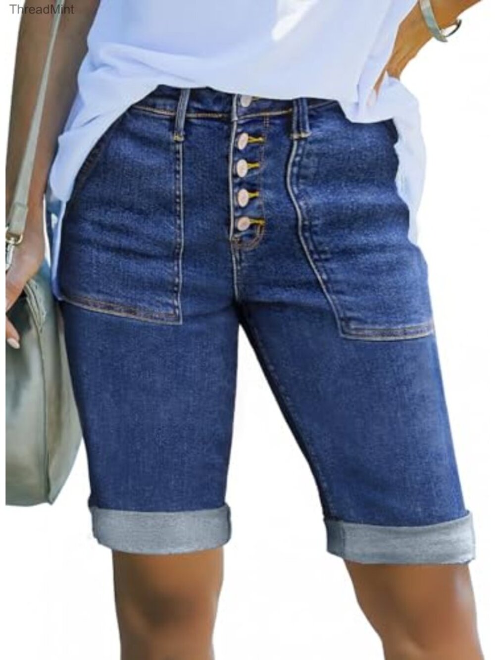 Sidefeel Womens High Waisted Stretchy Denim Bermuda Jean Shorts Folded Hem